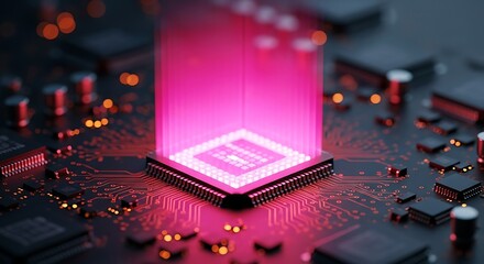 High quality image of closeup of a central processor chip on a circuit board, emitting a vibrant pink energy beam, symbolizing data processing and advanced technology