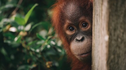 A cute baby orangutan peeking out from behind the tree, looking at camera with curious eyes, in tropical rainforest, national geographic photography.