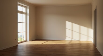 Empty room with hardwood floor and sunlight through window