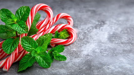 Several red and white striped candy canes are arranged with fresh green mint leaves on a textured grey background