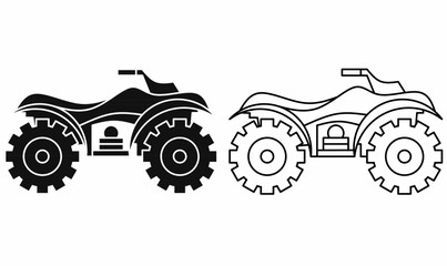 ATV quad bike vector icons in outline and solid style. All-terrain vehicle illustration with large rugged tires, outdoor extreme sport transport, off-road adventure design.