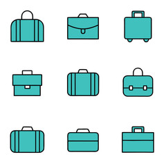 Collection of Teal Briefcases and Luggage Icons on White Background travel business