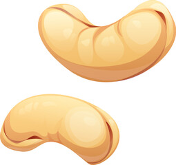 Cartoon raw ripe cashew nuts with curved shape and hard shell. Vector exotic seeds, healthy snack and organic ingredient for diet, vegan food and tropical plant seeds or kernels isolated on white