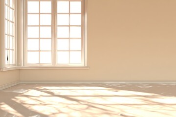 Obraz premium A sunlit corner room with large paneled windows casting shadows on a blank floor and beige walls