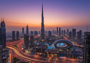 Obraz premium Long-exposure aerial view of Downtown Dubai's futuristic cityscape at blue hour, highlighting the towering Burj Khalifa