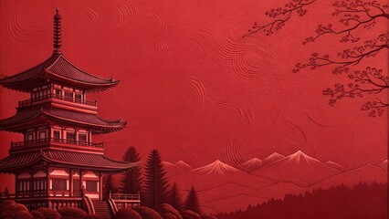 Traditional Japanese Pagoda Temple Architecture with Mountains and Cherry Blossoms image