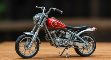 Fototapeta premium Miniature toy motorcycle with red gas tank on wooden surface