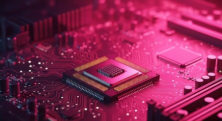 High quality image of closeup view of a central processing unit cpu on a vibrant pink illuminated motherboard, highlighting intricate circuitry and components