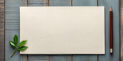 Blank Paper Sheet with Pencil and Green Leaves on Distressed Wood Surface Keywords: blank paper, white paper, sheet
