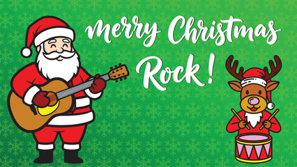 Merry Christmas Santa Claus's and reindeer playing musical instrument guitar and drum mascot
