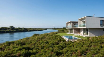 Fototapeta premium Modern home with swimming pool overlooking a river