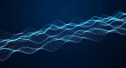 High quality image of abstract visualization of a flowing wave pattern composed of tiny blue glowing particles against a dark deep blue background, representing data streams