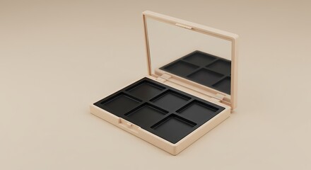 Fototapeta premium Empty makeup palette with six empty pans and a mirror, isolated on a neutral background for commercial usage and mockups