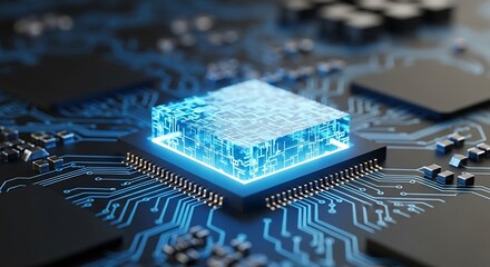 High quality image of a vibrant, glowing blue ai chip sits at the center of a detailed circuit board, illustrating the essence of artificial intelligence