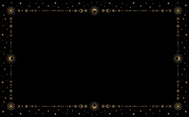 Mystic celestial esoteric frame with sun, moon and star planets, vector golden line border. Mystic celestial frame for Tarot cards background, esoteric astrology and witchcraft magic occult symbols