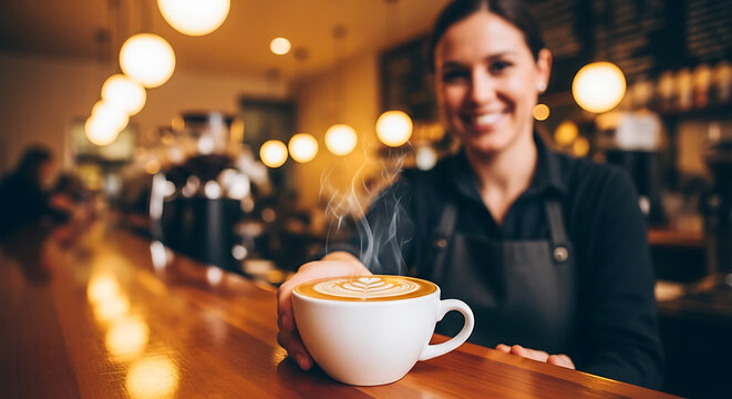 Warm cappuccino with latte art served by friendly barista in cozy cafe setting, perfect for coffee lovers and cafe lifestyle promotions, enjoy the rich aroma and inviting atmosphere - Powered by Adobe