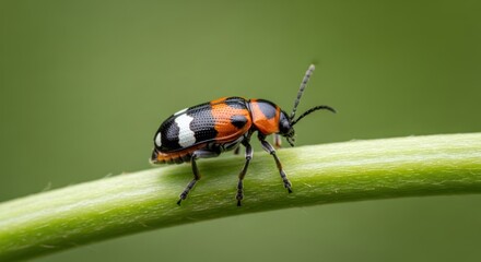 Naklejka premium Macro shot of a small, colorful beetle with orange, black, white spots on a green stem