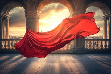 Red fabric billowing on a balcony