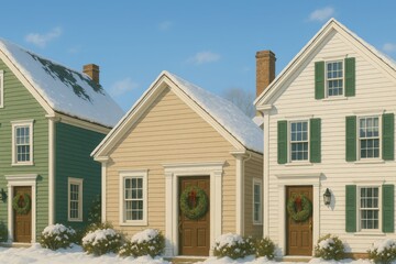 Obraz premium Charming New England Homes in Winter with Snow and Wreaths.