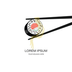Minimalist sushi and noodle logo a single sushi roll held by chopsticks, isolated on a, with the text lorem ipsum below, japanese food symbol with noodle wrap