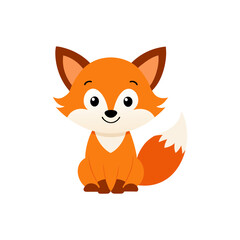 Cartoon fox sitting with a fluffy tail on transparent background