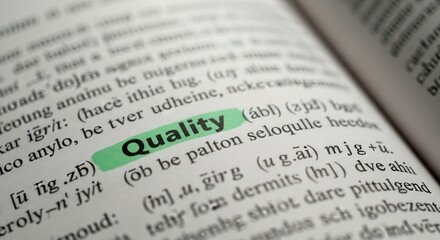 Macro view of a dictionary showing 'Quality' highlighted in bright green marker