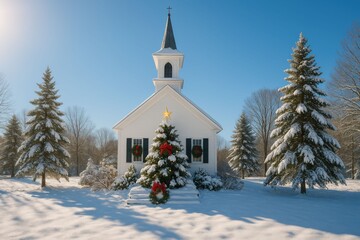 Fototapeta premium Charming White Church in a Snowy Winter Landscape with Christmas Decorations.