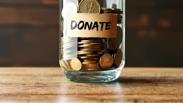 A glass jar full of coins and have words donate write on label. Giving and donation concept