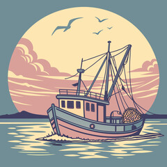 Vector art of a winding river flows through a lush green forest, surrounded by tall trees and a misty atmosphere, creating a peaceful and scenic landscape in a vintage style