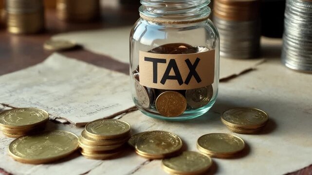 A glass jar full of coins and have words TAX write on label