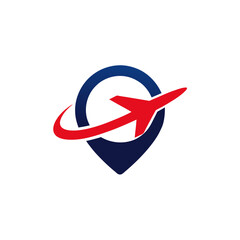 Obraz premium Airplane flying around a location pin icon on transparent background