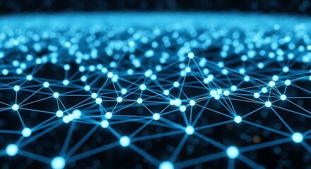 High quality image of abstract network of glowing blue nodes and lines, representing data connections and digital technology, with a dark background