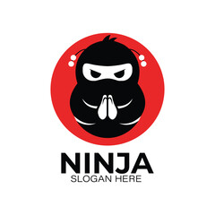 Minimalist ninja mascot logo cute cartoon ninja face with hands clasped in prayer, black and white vector for gaming or tech branding, gaming, symbolic, abstract branding