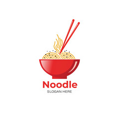 Minimalist restaurant logo a vibrant red bowl filled with steaming noodles, garnished with herbs and topped with red chopsticks, isolated on a