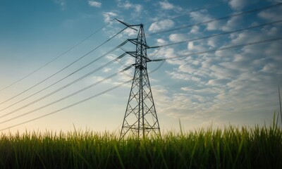 Metal electricity tower with lines crossing a vibrant green field under a vast sky