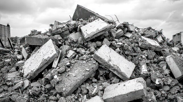 Massive greyscale pile of broken concrete blocks and building debris under cloudy sky