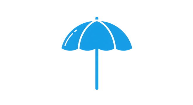 Bright blue beach umbrella standing alone on a sandy shore with ocean waves gently lapping nearby