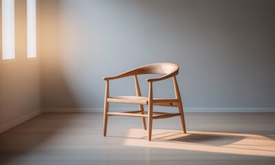 Minimalist wooden chair in an empty room bathed in warm sunlight from a window