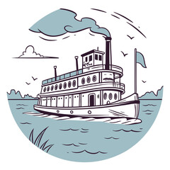 Vector art of a charming vintagestyle illustration showcases a steamboat cruising on a river, complete with smoke billowing from its chimney, evoking a sense of nostalgia and adventure on the water