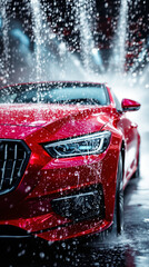 Close-up of red luxury sedan in car wash with water droplets and dynamic splashes