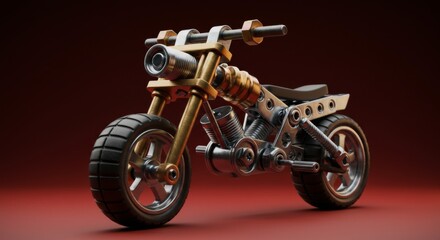 Steampunk style toy motorcycle on red background