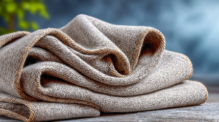 Soft, cozy woolen blanket resting on a wooden table with a blurred background of greenery