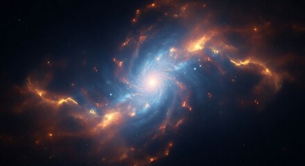 High quality image of a vibrant spiral galaxy with a bright core, surrounded by glowing orange and blue cosmic dust and stars in deep space