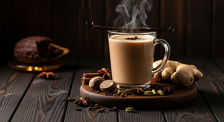 Enjoy a steamy mug of aromatic chai tea with ginger, cinnamon, and spices on a rustic wooden table, perfect for cozy autumn evenings and seasonal beverage promotions