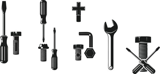 Obraz premium Silhouette collection of tools, including screwdriver, wrench, bolt, screw, and allen key for repair and construction