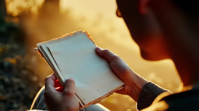 Over‑the‑shoulder view of protagonist reading a blank weathered letter, dust motes floating in golden hour light, nostalgic mood