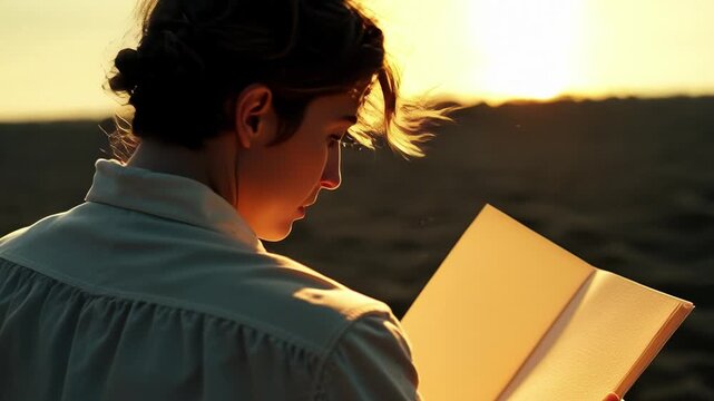 Over‑the‑shoulder view of protagonist reading a blank weathered letter, dust motes floating in golden hour light, nostalgic mood