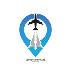 Minimalist travel agency logo vector art of airplane taking off from a blue location pin, symbolizing travel and aviation