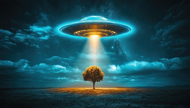 UFO hovering, beaming light onto a lone tree at night