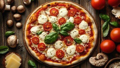 Pizza tomato, mozzarella, basil on rustic wood